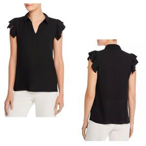 T. Tahari Black Blouse Pullover Ruffled Short Sleeves Collared Size S